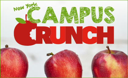 the text New York Campus Crunch, with photos of apples