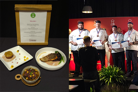 Three course meal prepared by four chefs, and the four chefs presenting their awards on stage