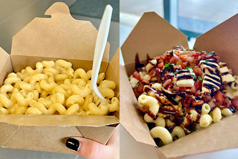 Macaroni and cheese and caprese macaroni and cheese in boxes from our food trucks.