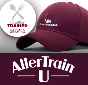 Circle that says Certified Trained Allergen & Gluten Free. Maroon hat with the UB logo embroidered on the front. AllerTrain U logo.