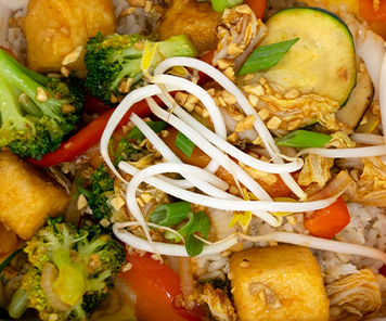 Top down view of a stir fry dish consisting of fried tofu, mixed vegetables, bean sprouts, topped with green onion and peanuts