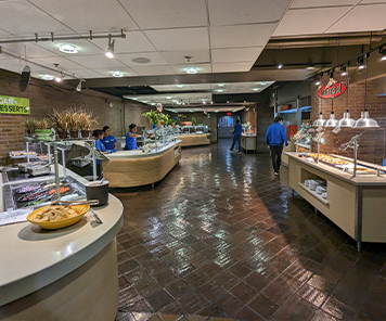 Photo showing all the numerous self-serve stations at the dining center
