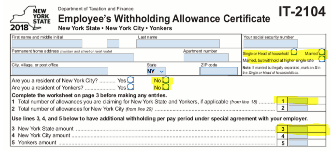 Withholding NYS IT-2104 form screenshot