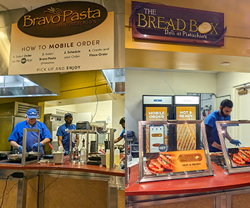 Associates making pasta dishes under the Bravo Pasta logo awning, and an associate creating sandwiches under the Bread Box logo awning