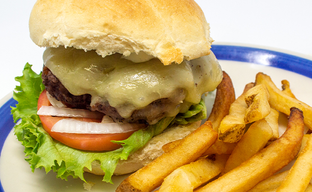 A hamburger topped with melted cheese, lettuce, tomato and onion, with a side of fries