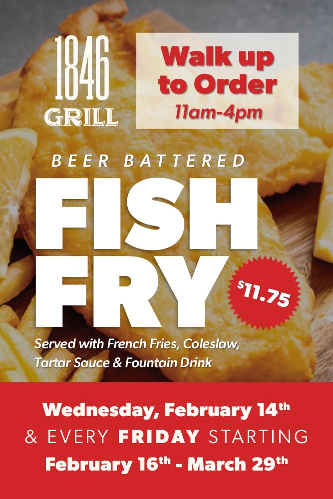 Beer Battered Fish Fry served with French fries, coleslaw, tartar sauce and fountain drink