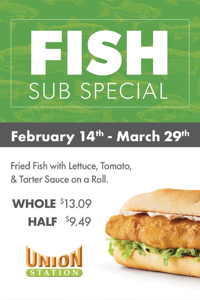Fried Fish with lettuce, tomato and tartar sauce on a roll. Whole $13.09 half $9.49