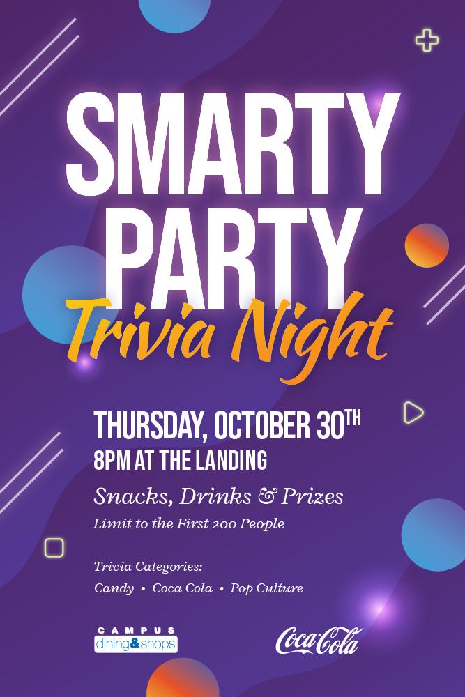 8pm at the Landing. Snacks, drinks & prizes. Limited to the first 200 people. Trivia categories: Candy, Coca-Cola, pop culture