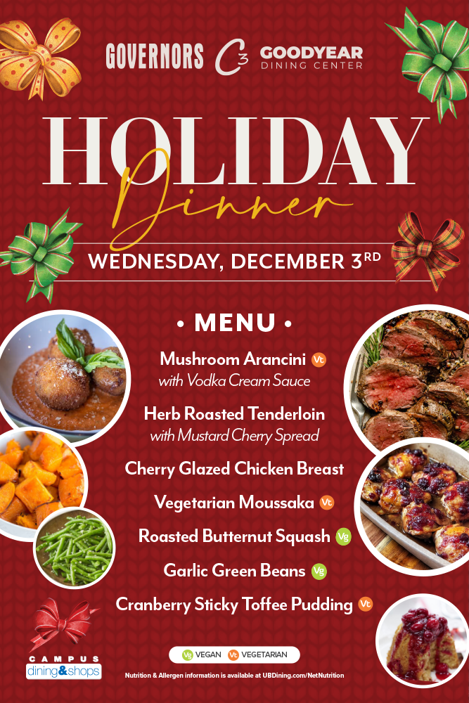 Holiday Dinner. Menu: mushroom arancini (vegetarian), herb roasted tenderloin, cherry glazed chicken breast, vegetarian moussaka, roasted butternut squash (vegan), garlic green beans (vegan), cranberry sticky toffee pudding (vegetarian)