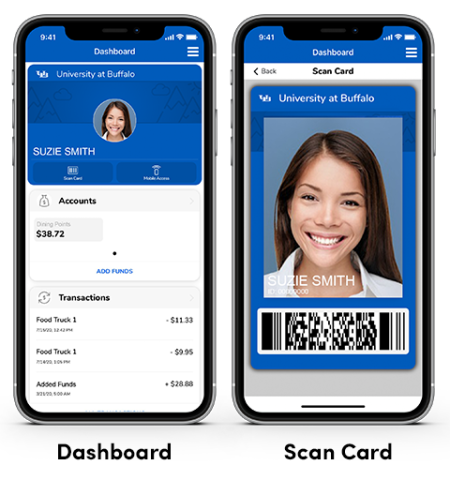 Dashboard and Scan Card screenshots of UB's GET app.