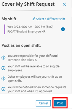 Cover My Shift Request. Post as open shift.
