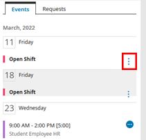 Events. Open Shift. Vertical ellipsis icon.