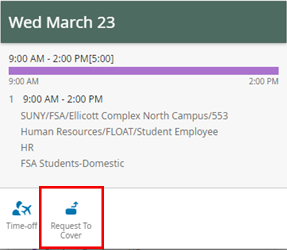 Wednesday March 23rd. 9am-2pm (5 hours) Student Employee. Time off or Request to Cover.