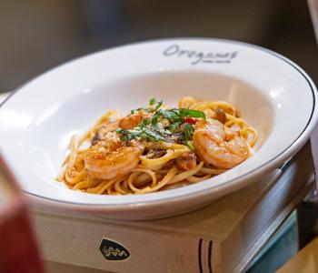 A shrimp pasta dish from Oreganos, the pasta station at C3.