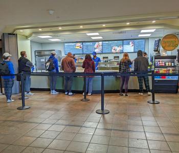 Students lining up at Wrap it Up in Ellicott Food Court.