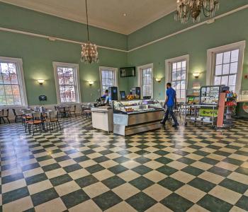 The inside seating area of Harriman Café.