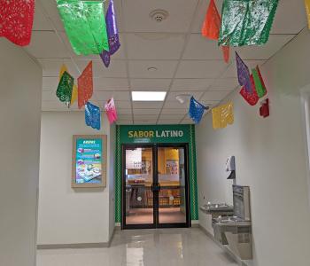 The entrance to Sabor Latino on the second floor of Student Union, past Bravo and Edgy.