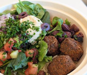 A falafel rice bowl from Halal Shack.