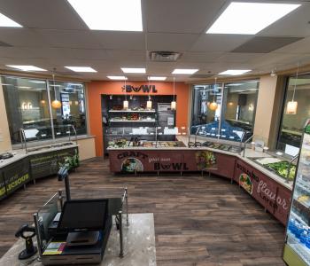 View of The Bowl in Ellicott Food Court from the cashier station. Photo by Onion Studio.