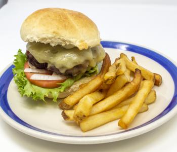 Burger with tomato, lettuce, onion, topped with cheese, and served with a side of regular fries.