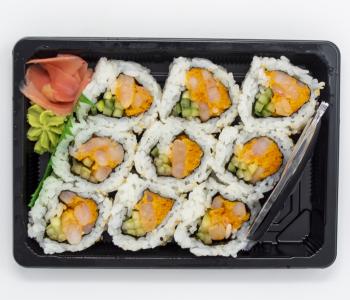 Top down view of a spicy shrimp sushi roll.