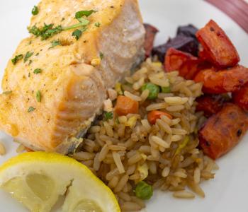 Salmon with rice and potatoes served at Goodyear Dining Center.