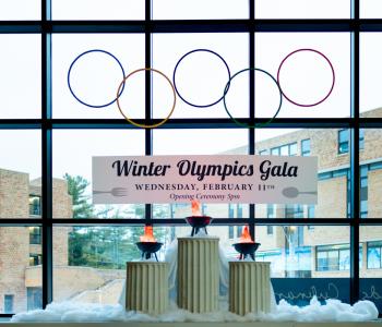 The torches below the Olympic rings inside C3 Lobby. Photo: Meredith Forrest Kulwicki