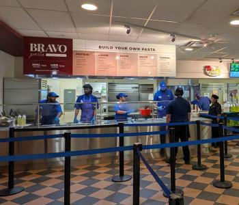 Fall 2026 refresh of the Bravo Pasta logo, signage, and queue, converting back to in-person ordering from 6 years of mobile ordering.